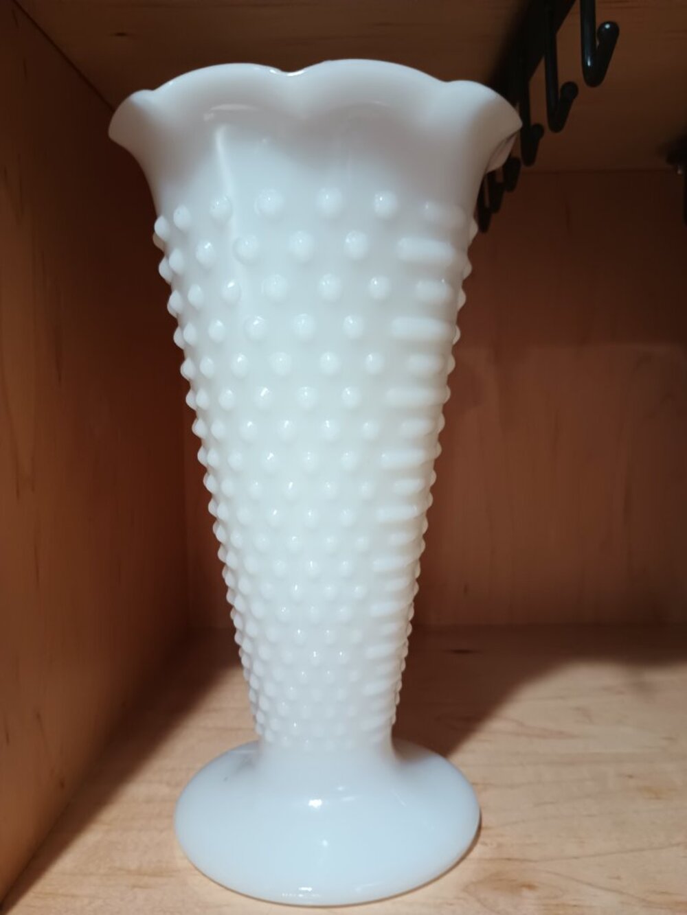 Vintage Hobnail Cone Shaped Trumpet White Milk Glass Vase with Scalloped Rim